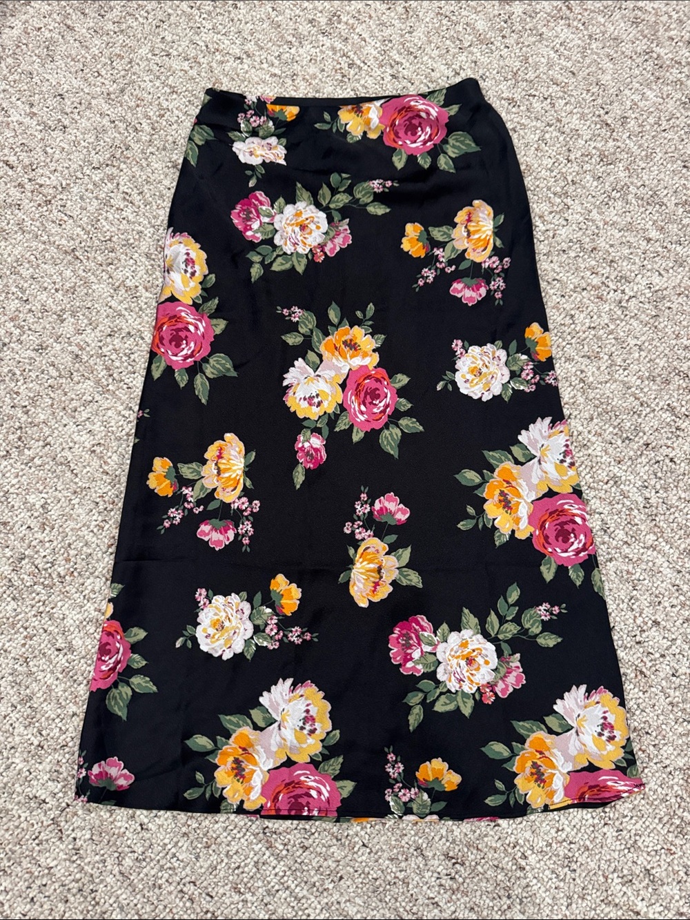 Blue Rain Black Midi Skirt with Pink and Yellow Floral Print